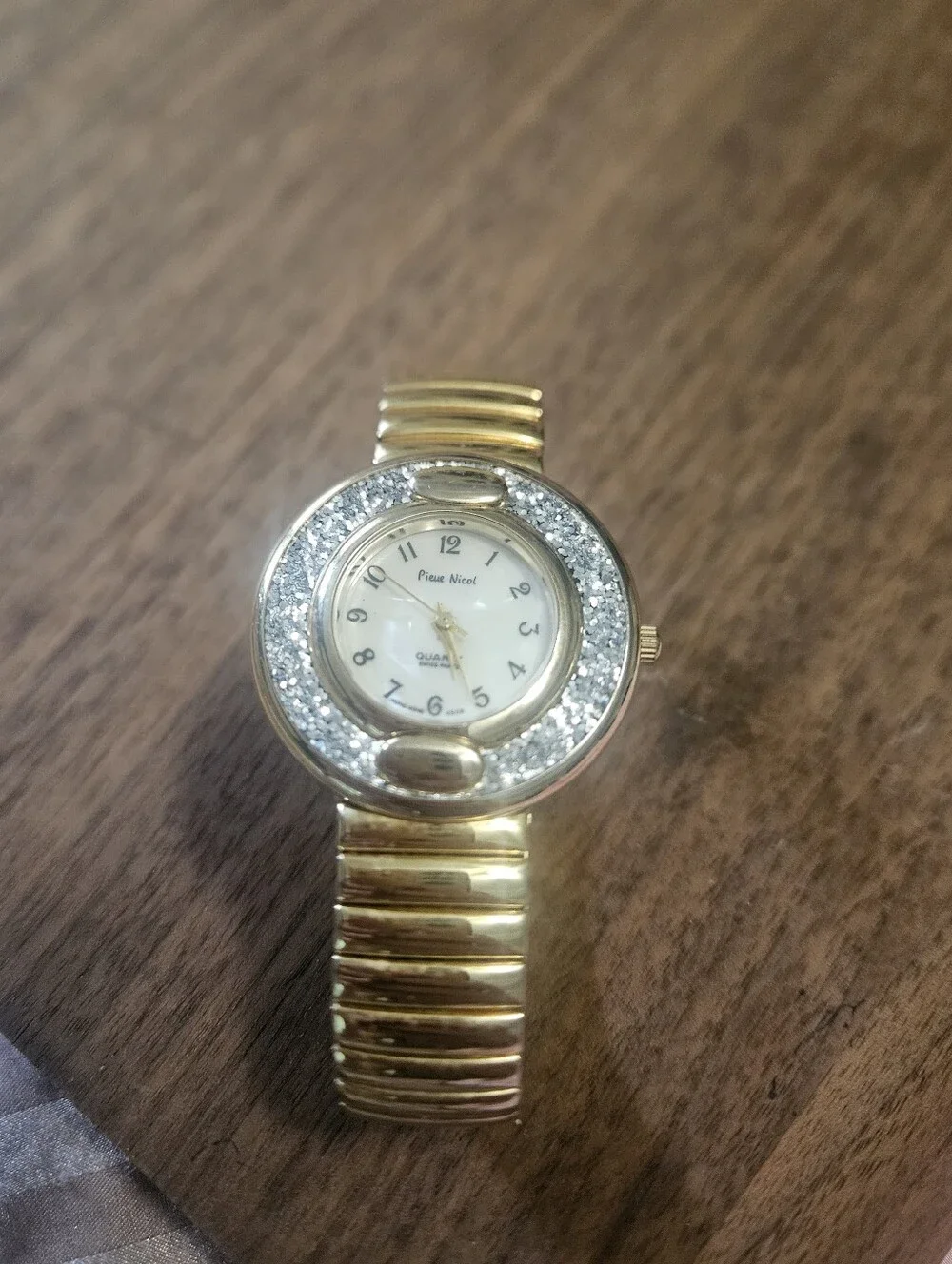 Vintage Pierre Nicol Gold Tone Quartz Stretch Bracelet Watch | Rhinestone Bezel